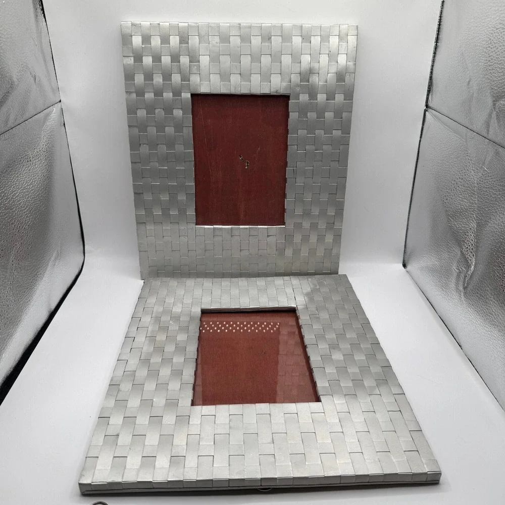 Vintage Large Woven Metal Picture Frame Set 2‎ 5x7 Silver Basketweave Industrial